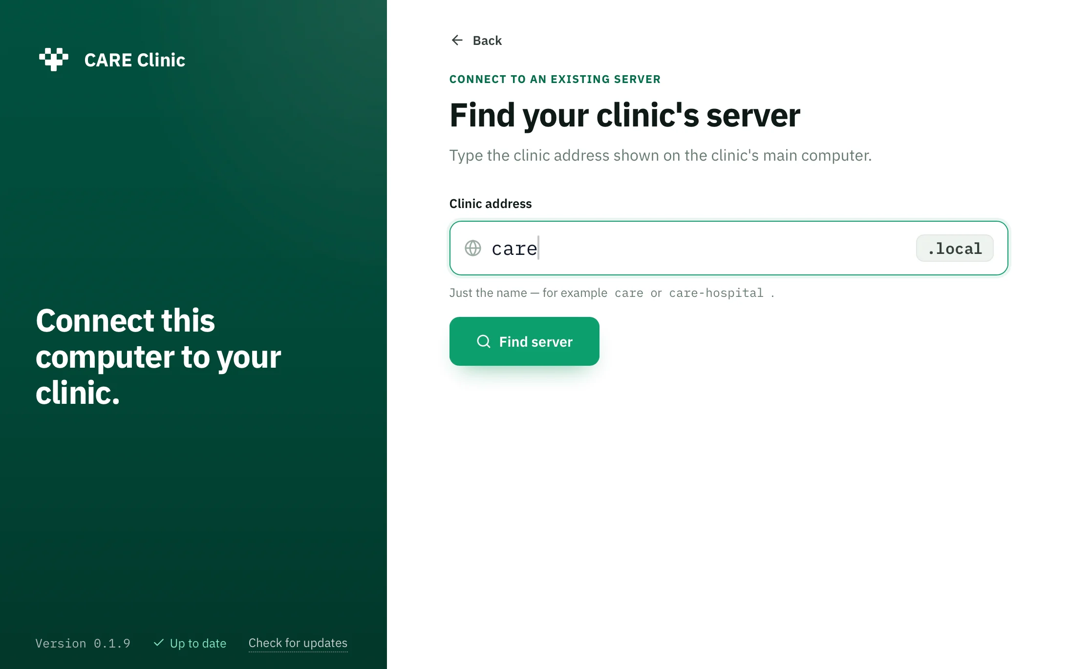 CARE Clinic client discovery screen: enter the clinic address and find the server before connecting